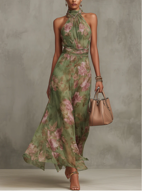 Abito lungo in chiffon floreale Serena con scollo all'americana