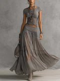 Alba™ | Completo grigio con top in pizzo e gonna lunga a pieghe