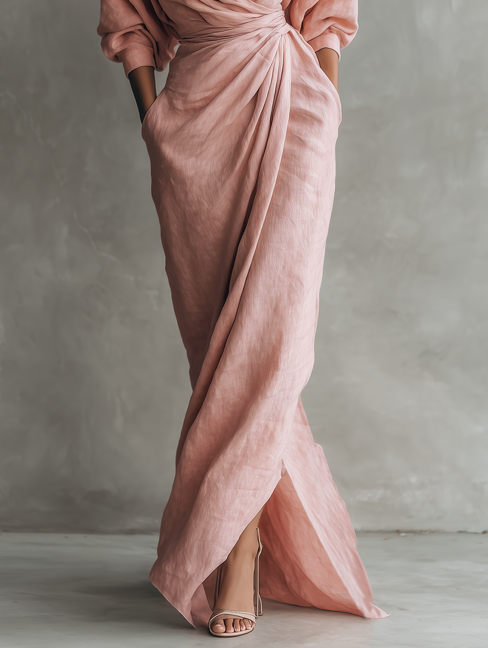 Taylor - Abito lungo minimalista rosa in misto lino con scollo a V da donna