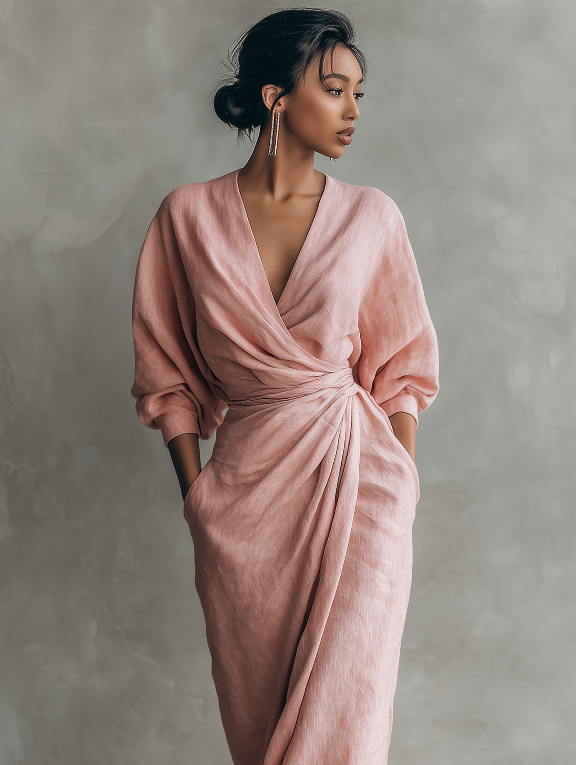 Taylor - Abito lungo minimalista rosa in misto lino con scollo a V da donna