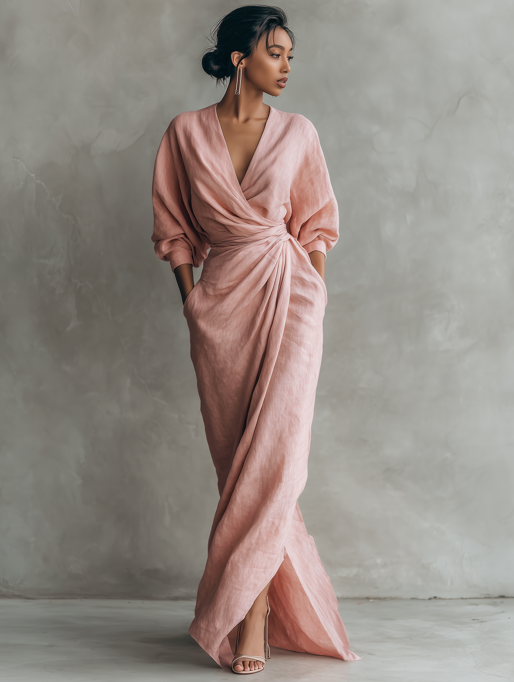 Taylor - Abito lungo minimalista rosa in misto lino con scollo a V da donna