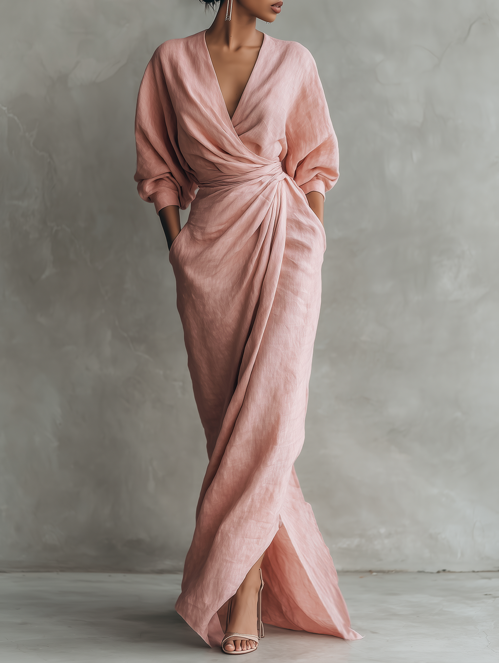 Taylor - Abito lungo minimalista rosa in misto lino con scollo a V da donna