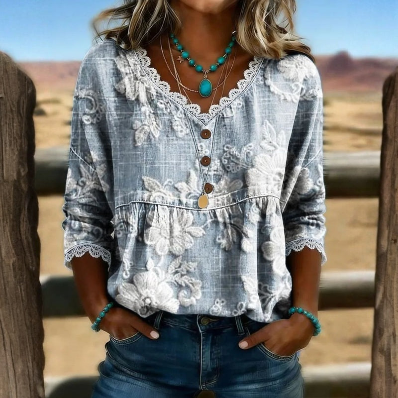 Blusa Vintage con Stampa Floreale e Bottoni
