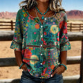 Camicia Vintage Floreale con Bottoni e Maniche a Tre Quarti