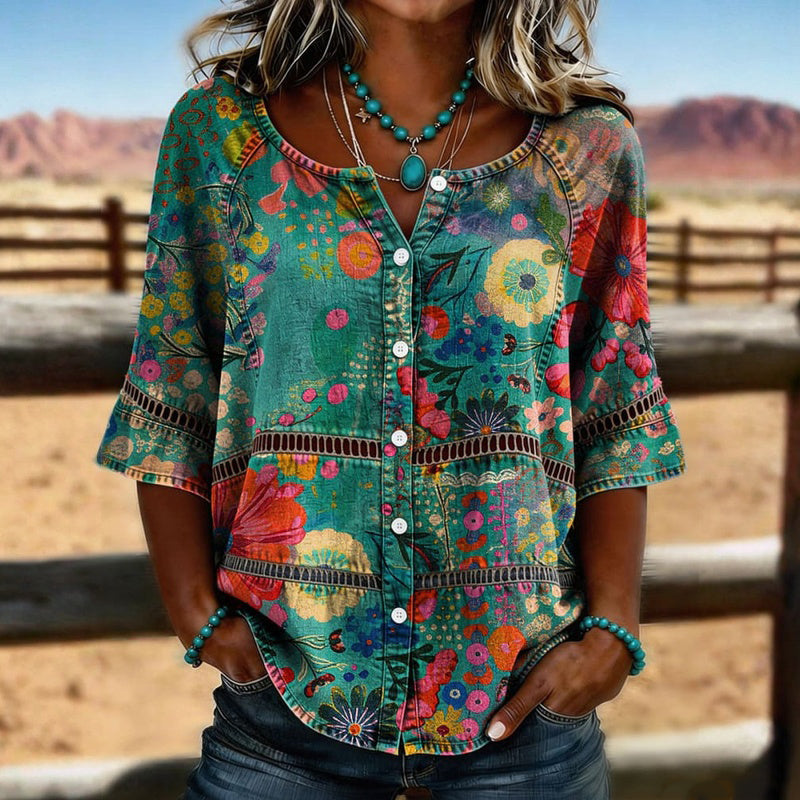 Camicia Vintage Floreale con Bottoni e Maniche a Tre Quarti