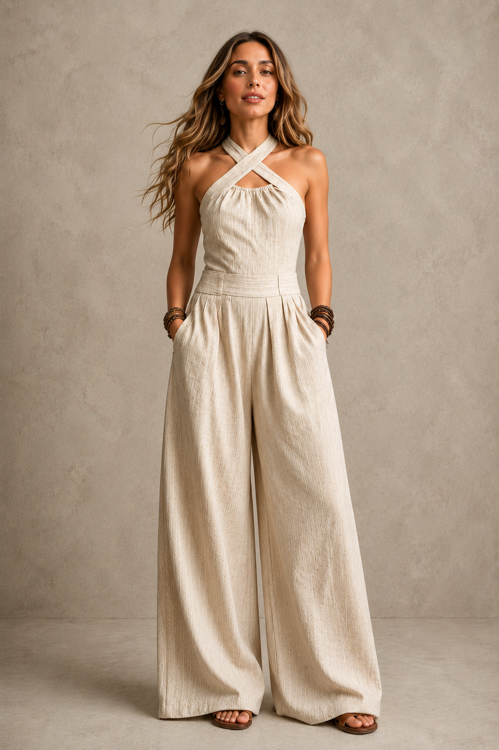 Bianca — Mono de lino y algodón con escote cruzado elegante