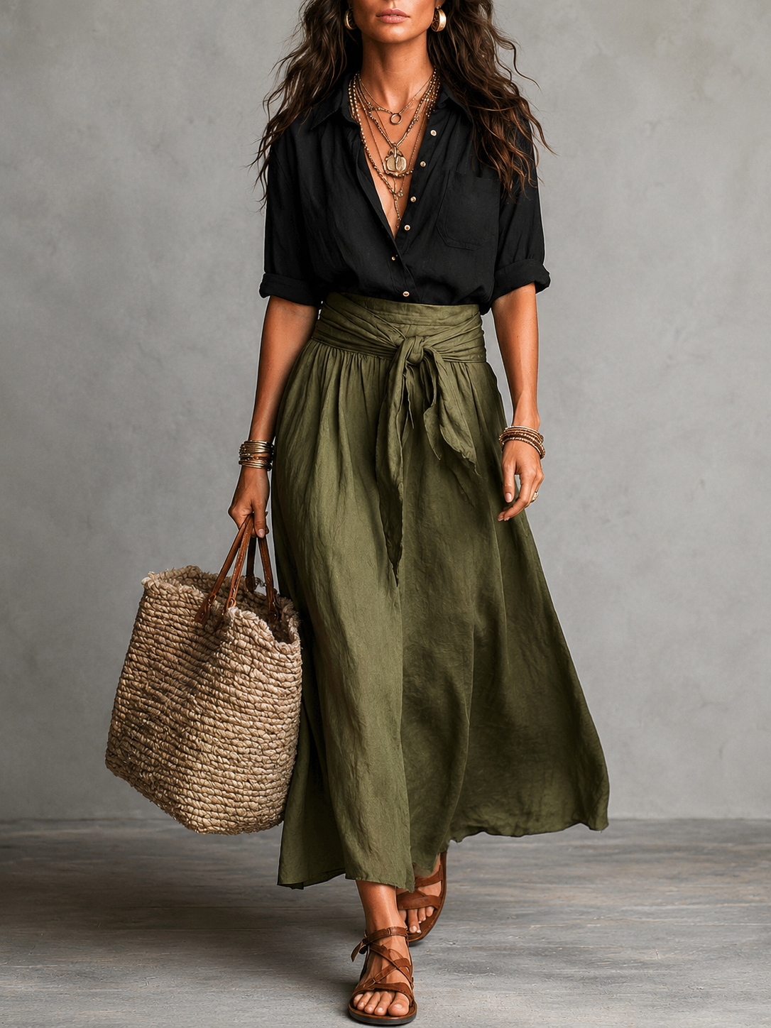 Vera™ | Completo Due Pezzi: Top Nero e Gonna Midi Verde Oliva
