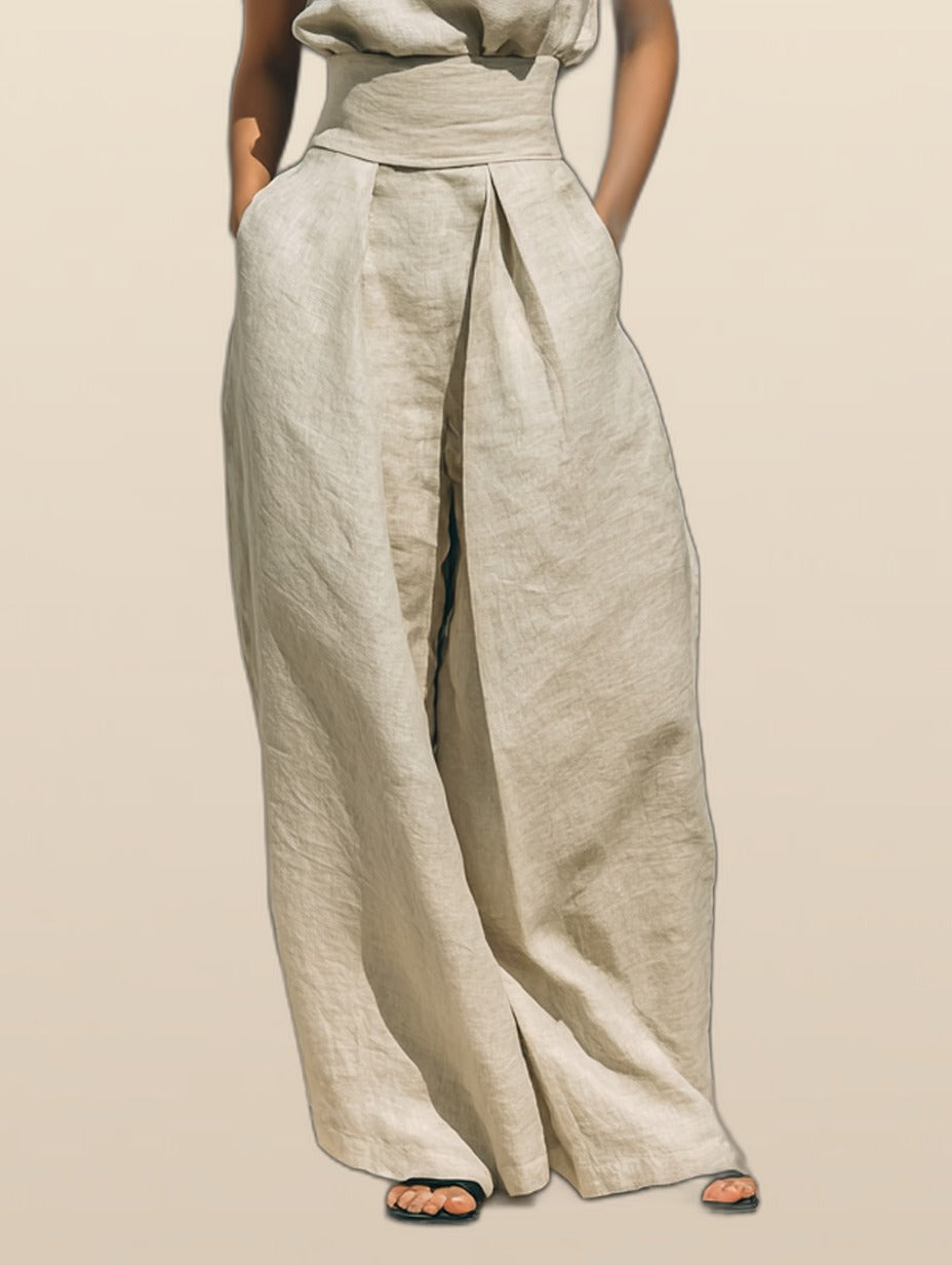 Maria - Completo di t-shirt minimalista a gamba larga in cotone e lino e pantaloni da donna