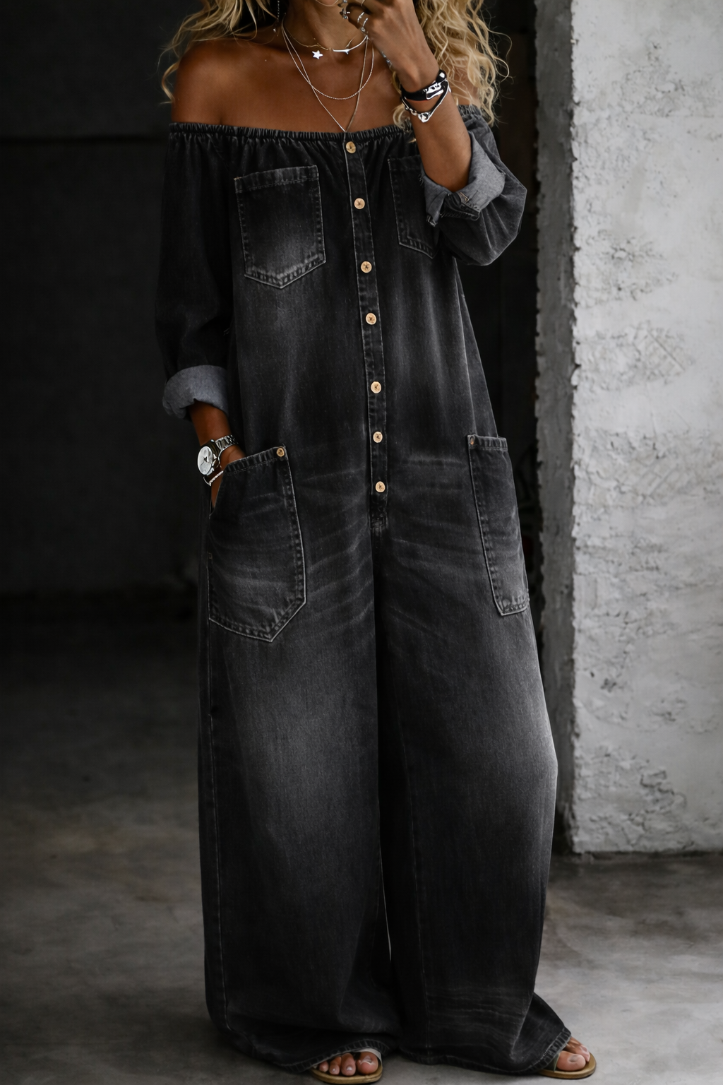 Elena™ | Mono denim con hombros descubiertos