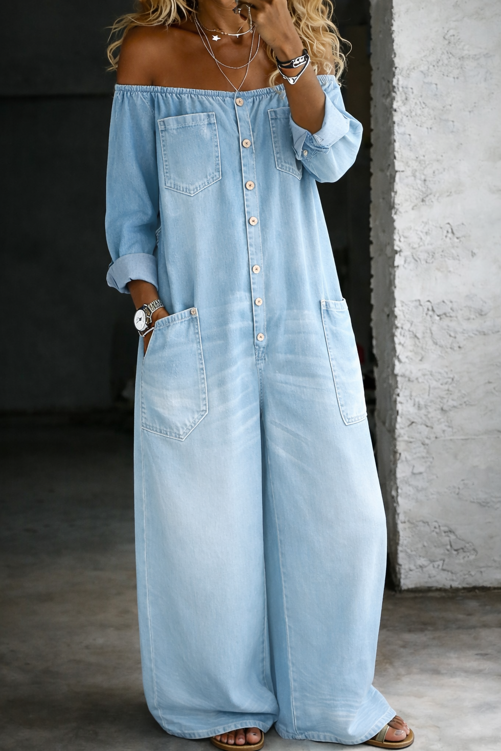 Elena™ | Mono denim con hombros descubiertos