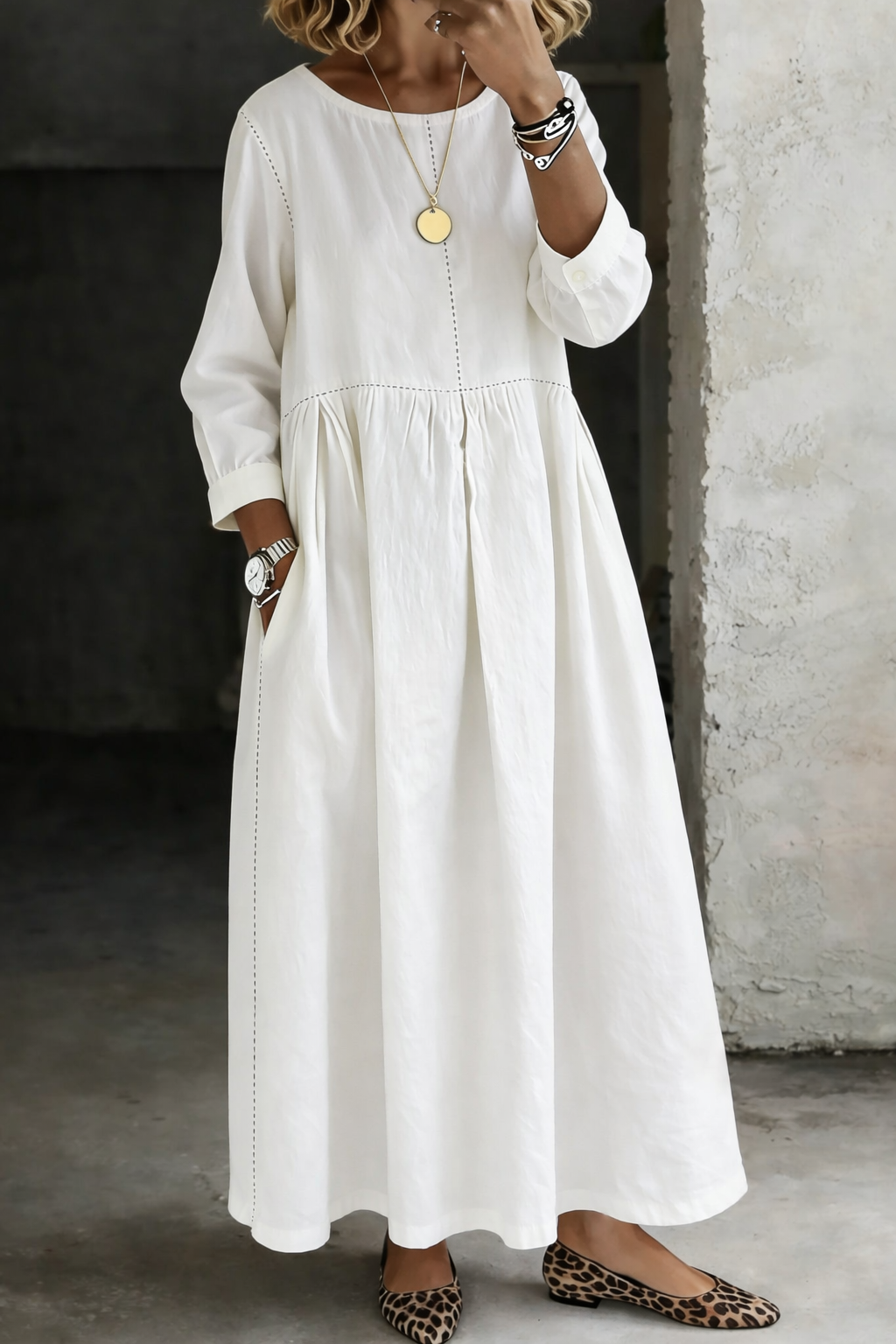 Melissa™ | Vestido vaquero cuello redondo manga larga