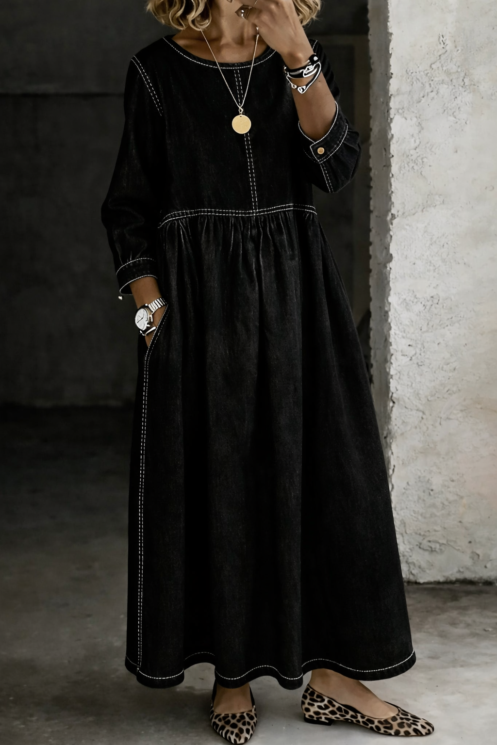 Melissa™ | Vestido vaquero cuello redondo manga larga