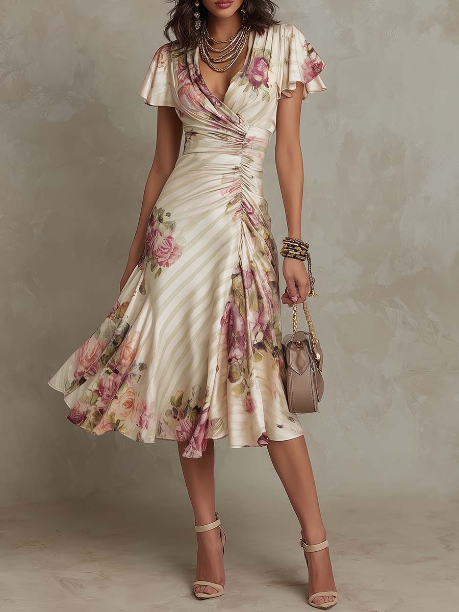 Sibanna · Abito midi floreale vintage in chiffon avorio