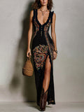 Vestido Estampado Estilo Bohemio con Escote en V Profundo y Abertura Alta