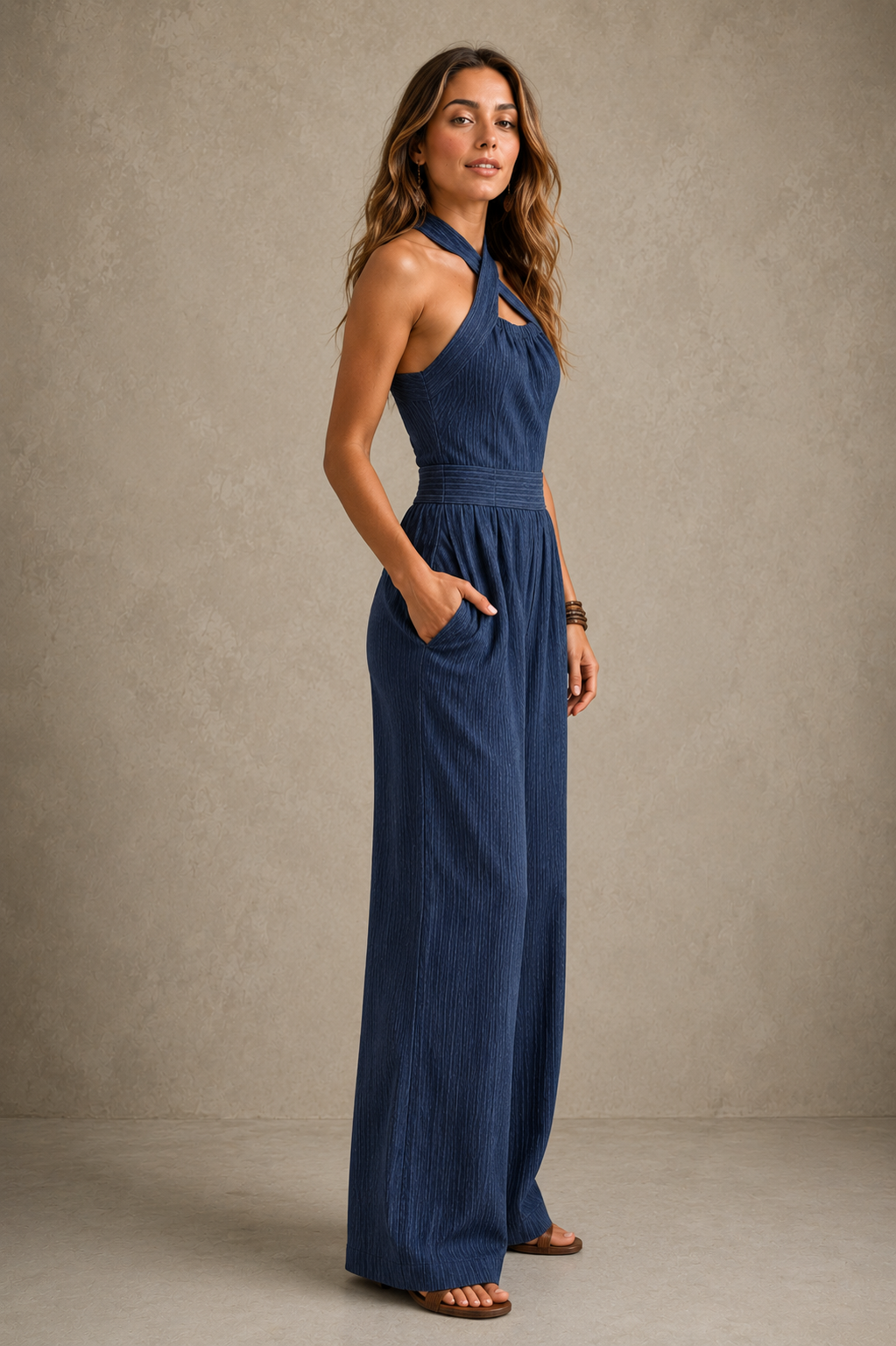 Bianca — Mono de lino y algodón con escote cruzado elegante