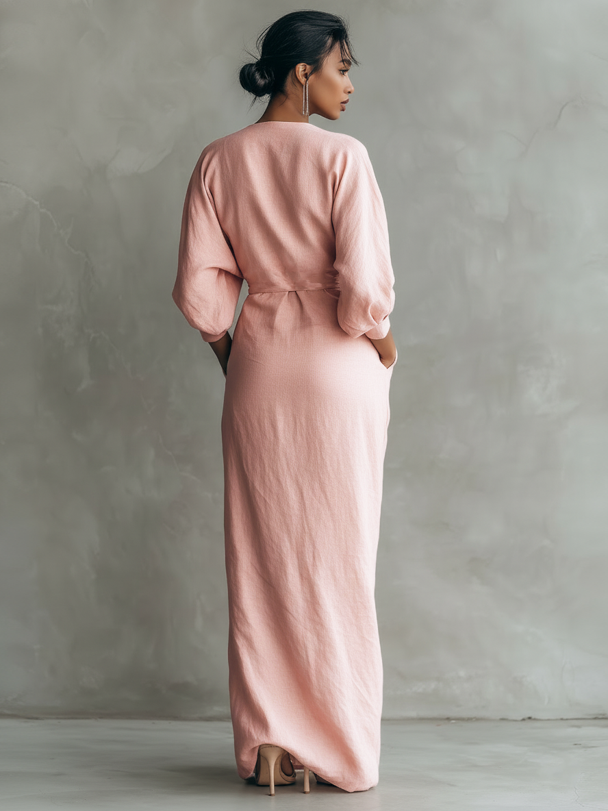 Taylor - Abito lungo minimalista rosa in misto lino con scollo a V da donna