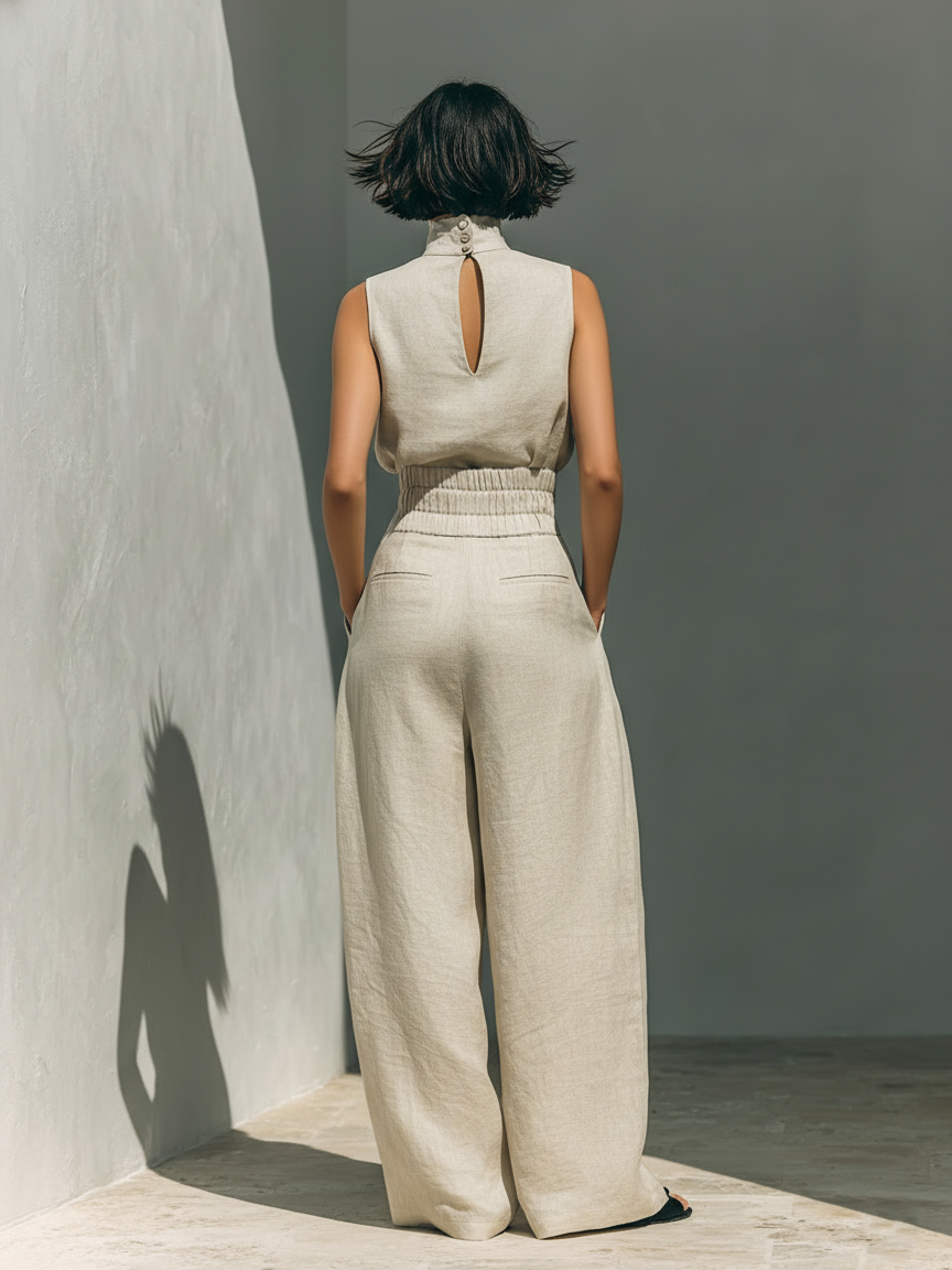 Maria - Completo di t-shirt minimalista a gamba larga in cotone e lino e pantaloni da donna