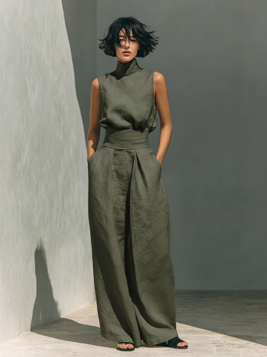 Maria - Completo di t-shirt minimalista a gamba larga in cotone e lino e pantaloni da donna