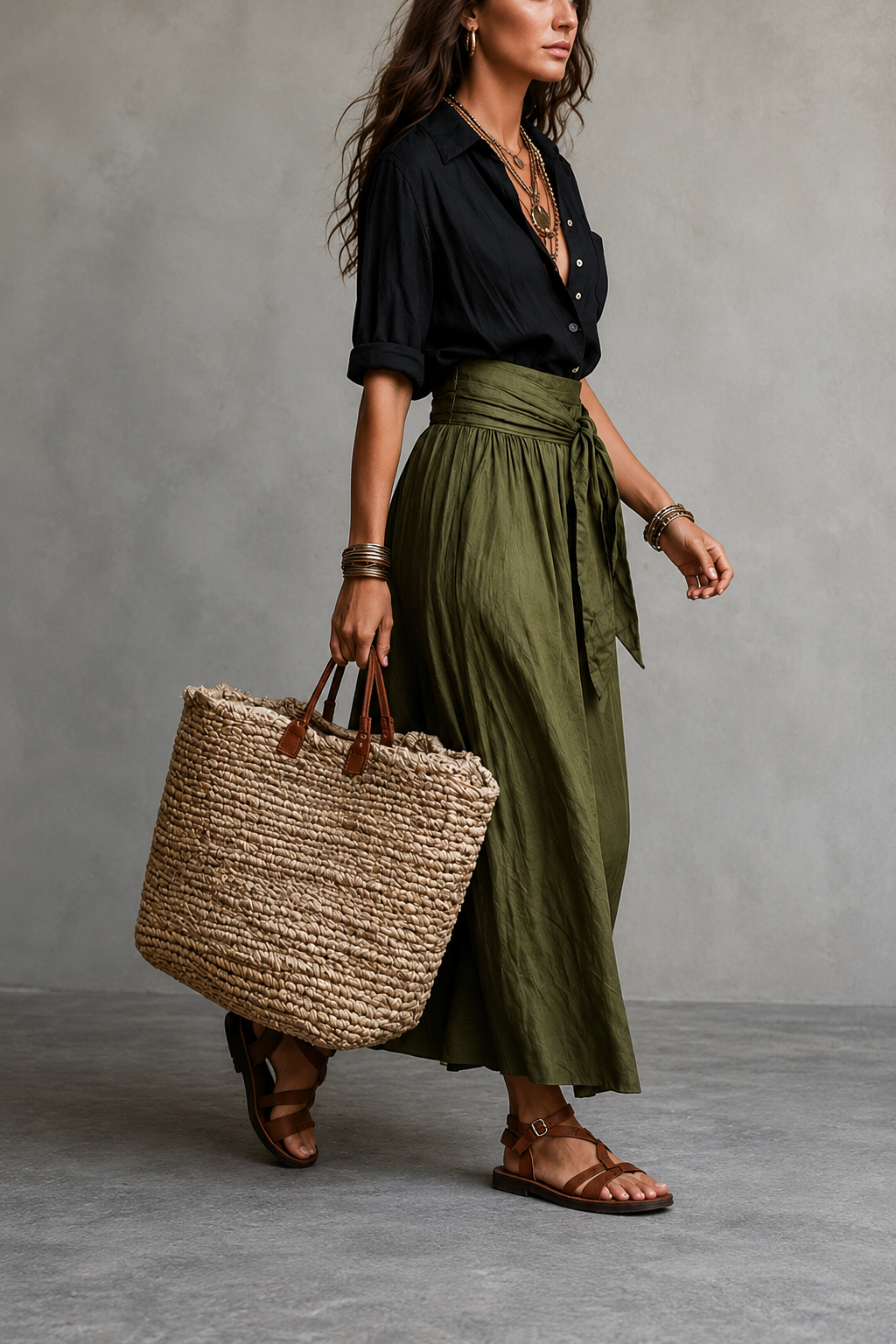 Vera™ | Completo Due Pezzi: Top Nero e Gonna Midi Verde Oliva