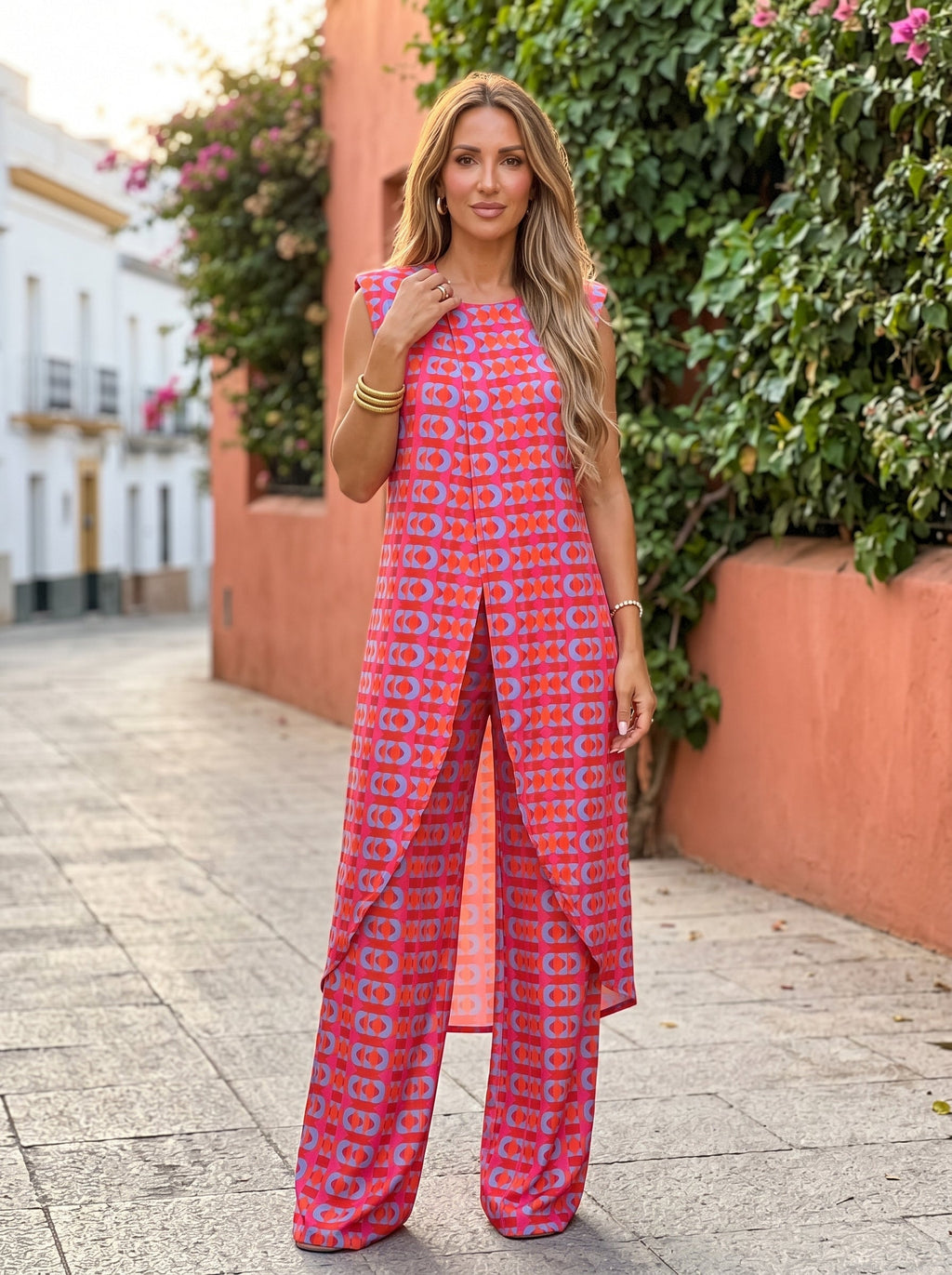 Vera | Completo tunica fluida e pantaloni palazzo con stampa retrò