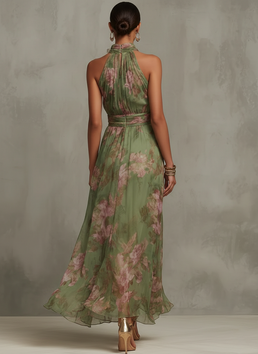 Abito lungo in chiffon floreale Serena con scollo all'americana