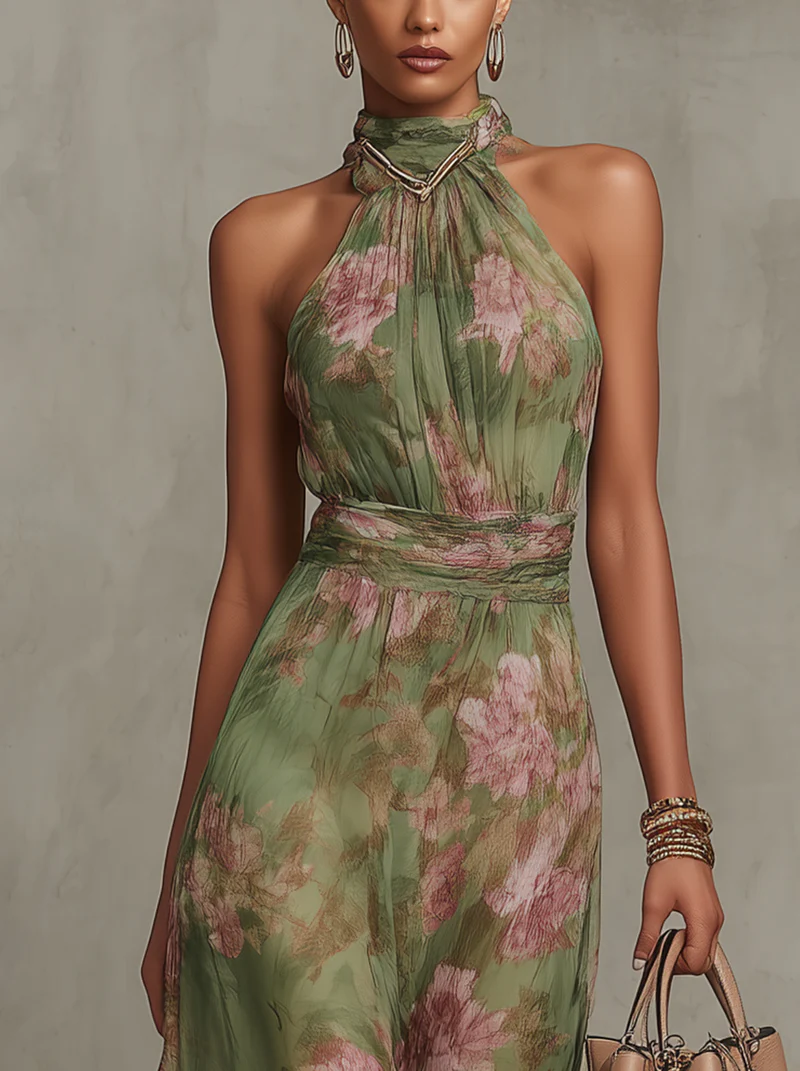 Abito lungo in chiffon floreale Serena con scollo all'americana