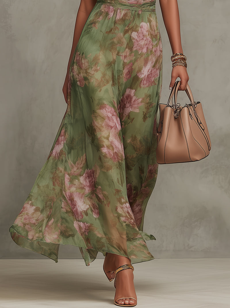 Abito lungo in chiffon floreale Serena con scollo all'americana