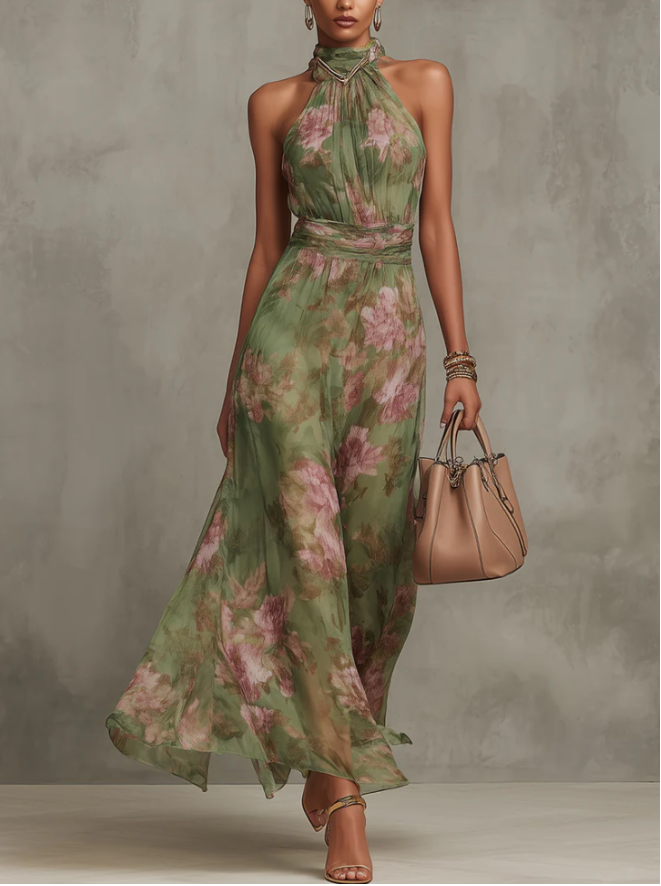 Abito lungo in chiffon floreale Serena con scollo all'americana