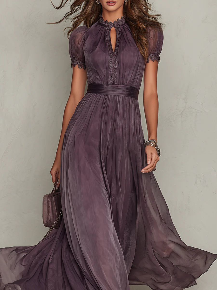 Flavia • Abito lungo viola con scollatura a goccia e rifiniture in pizzo di chiffon