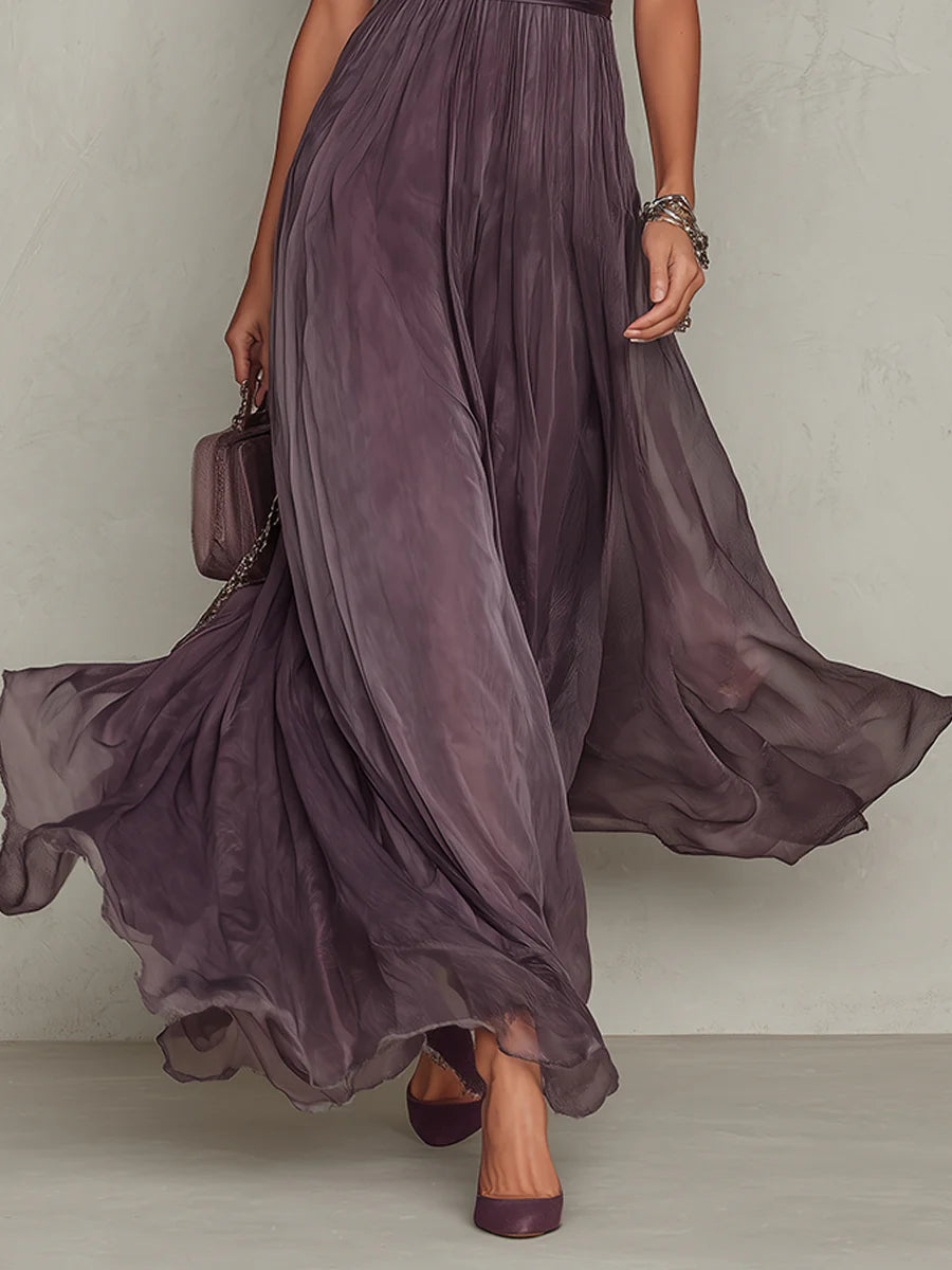Flavia • Vestido largo morado con escote de cerradura y borde de encaje de chifón