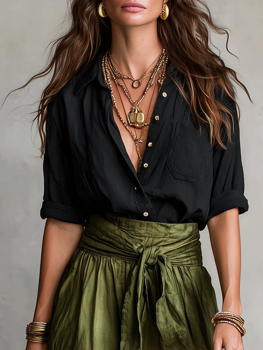 Vera™ | Set di Due Pezzi: Top Nero e Gonna Midi Verde Oliva