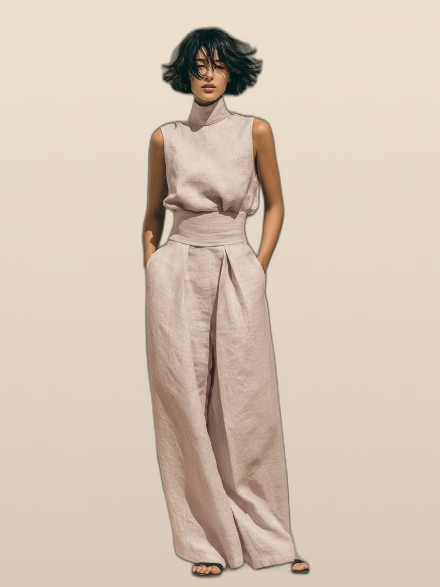 Maria - Completo di t-shirt minimalista a gamba larga in cotone e lino e pantaloni da donna