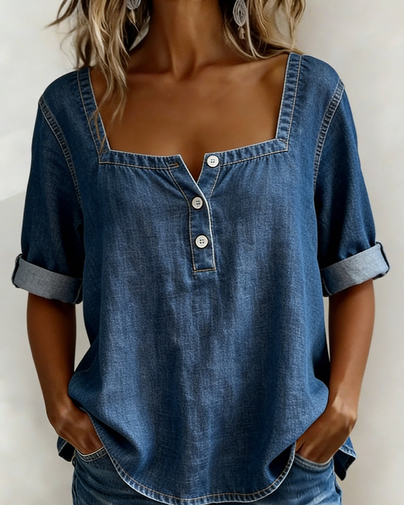 Avélia™ | Camisa denim cuello cuadrado