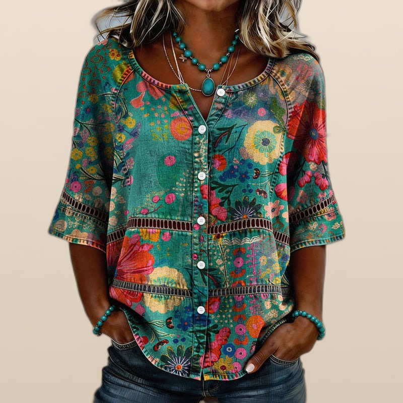 Camicia Vintage Floreale con Bottoni e Maniche a Tre Quarti