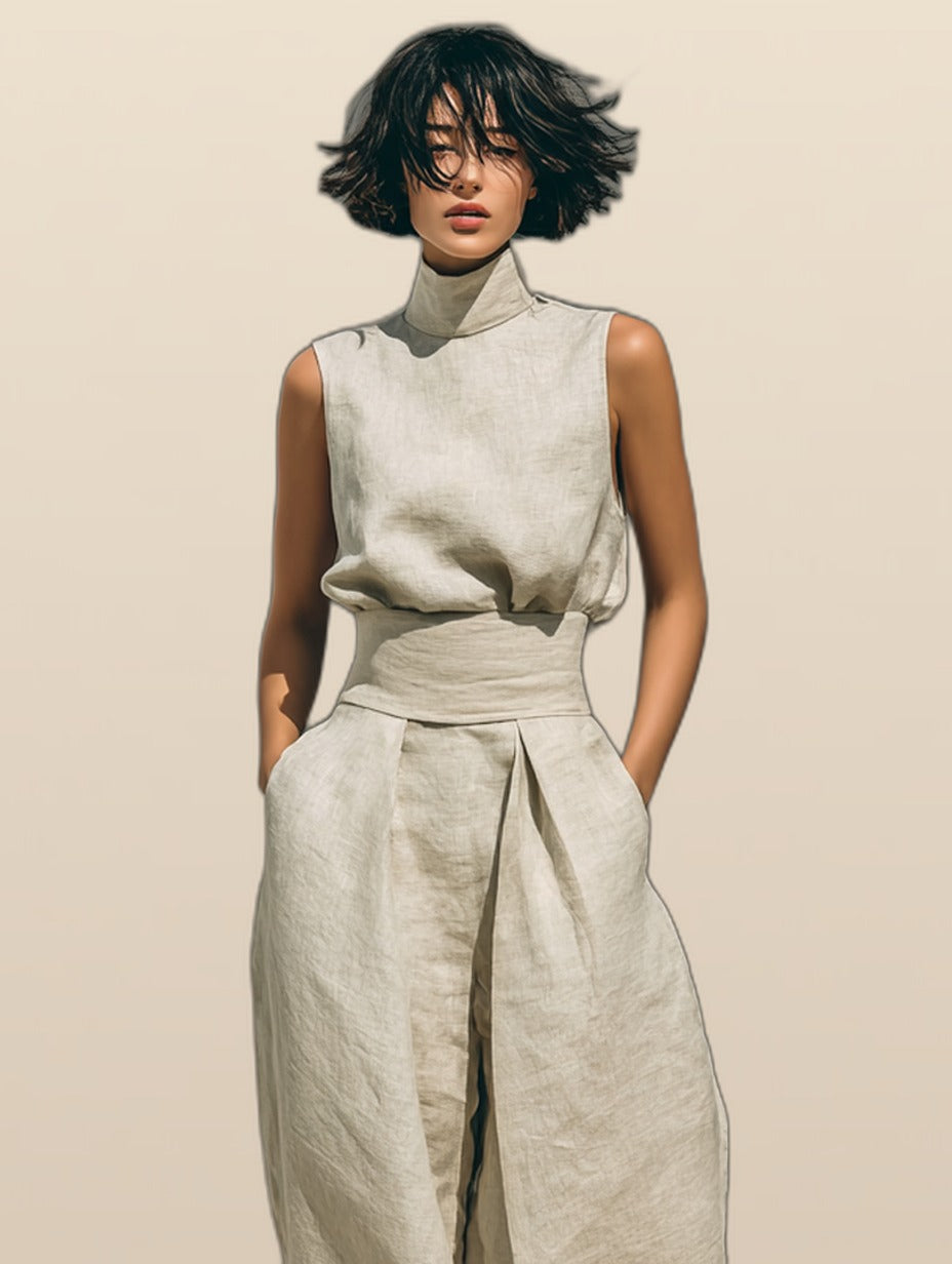 Maria - Completo di t-shirt minimalista a gamba larga in cotone e lino e pantaloni da donna