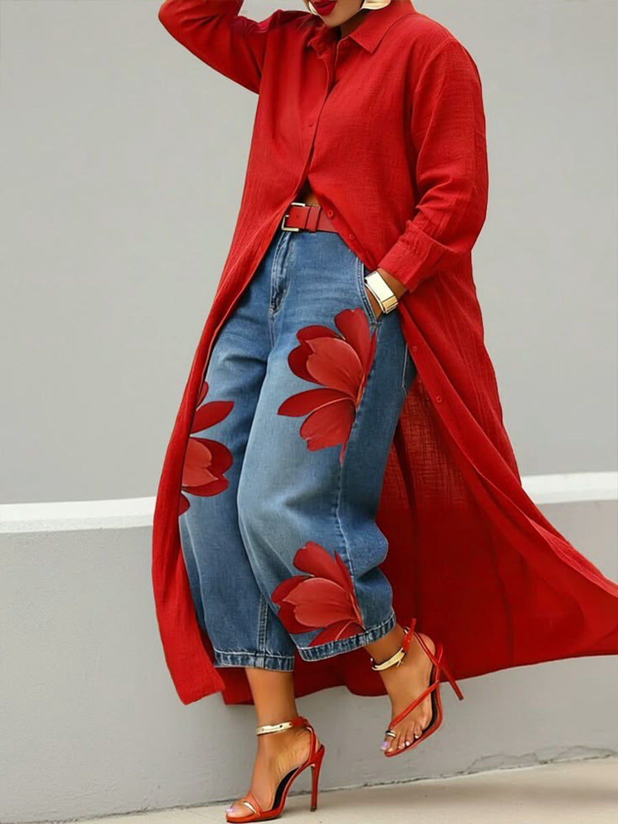 Daniella™ | Abito in lino e set di jeans floreali