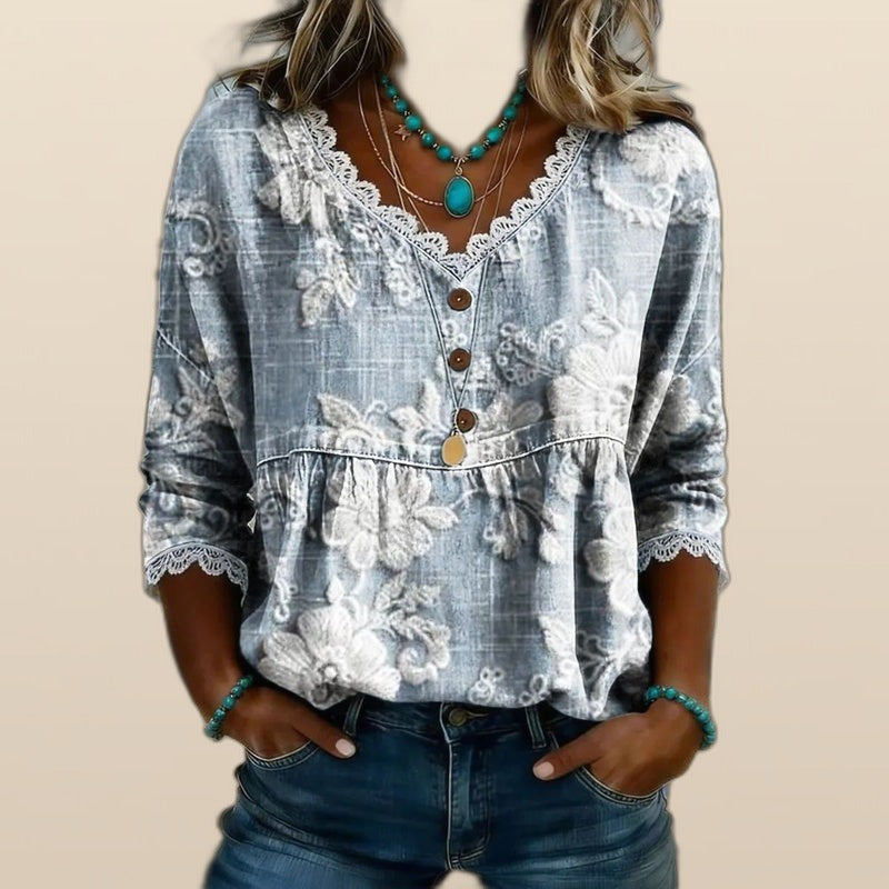 Blusa Vintage con Stampa Floreale e Bottoni