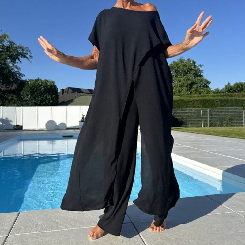 Conjunto top y pantalón liso con hombros descubiertos