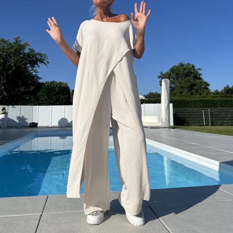 Conjunto top y pantalón liso con hombros descubiertos