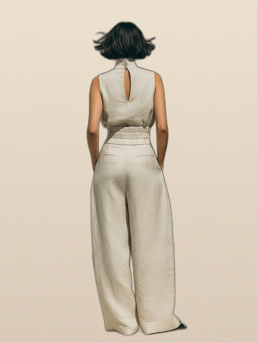 Maria - Completo di t-shirt minimalista a gamba larga in cotone e lino e pantaloni da donna