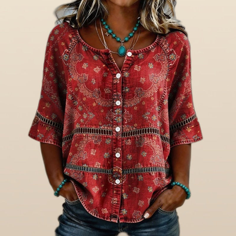Camicia Vintage con Stampa Etnica e Bottoni