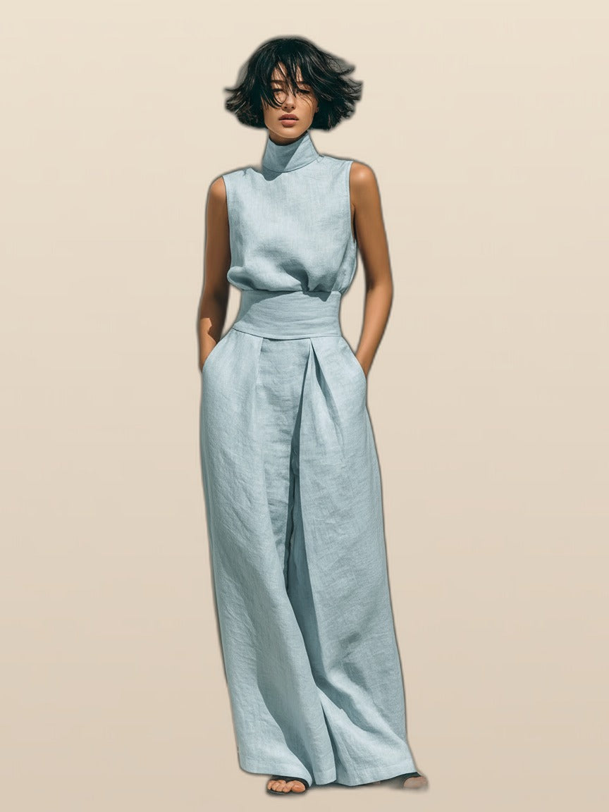Maria - Completo di t-shirt minimalista a gamba larga in cotone e lino e pantaloni da donna